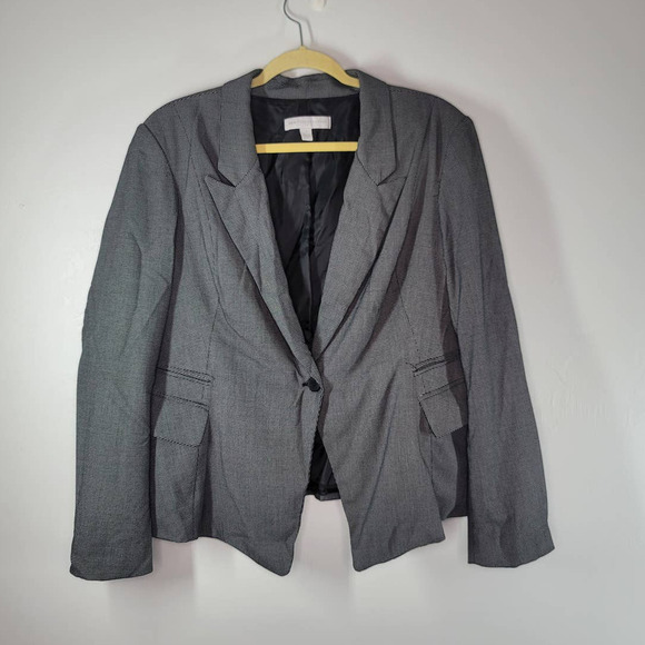 New York & Company One Button Stretch Lined Blazer Jacket Black White Size 16 - Picture 1 of 5